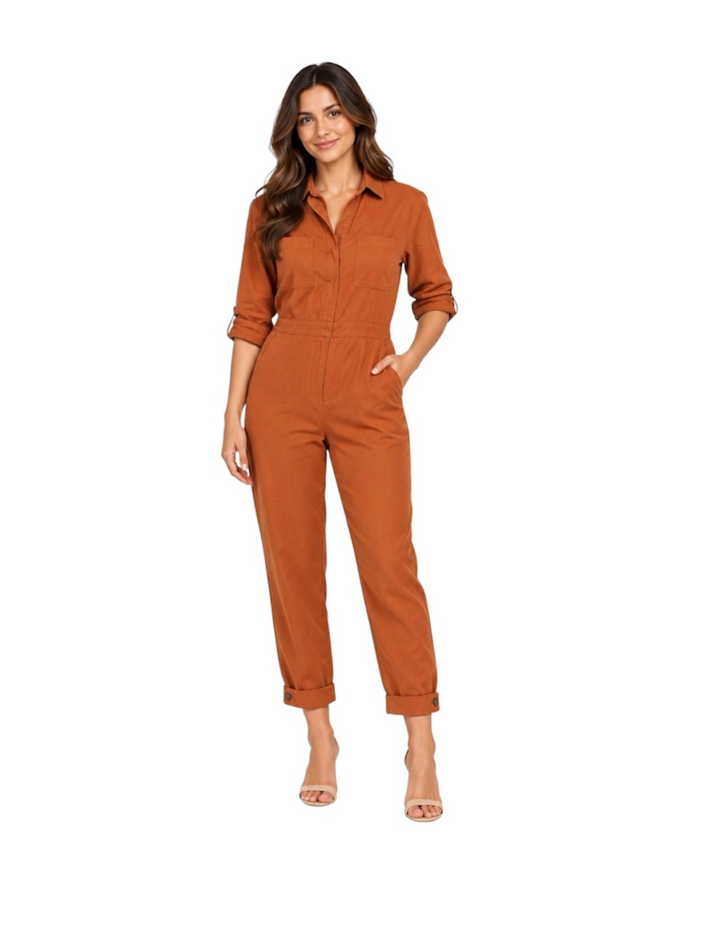 Velvet Heart Rust Orange Button Front Jumpsuit Cuffed Ankle